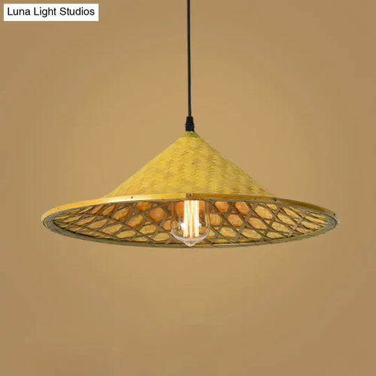 Simplicity Bamboo Pendant Light With Wood Straw Hat Suspension - 1-Light Lighting Fixture