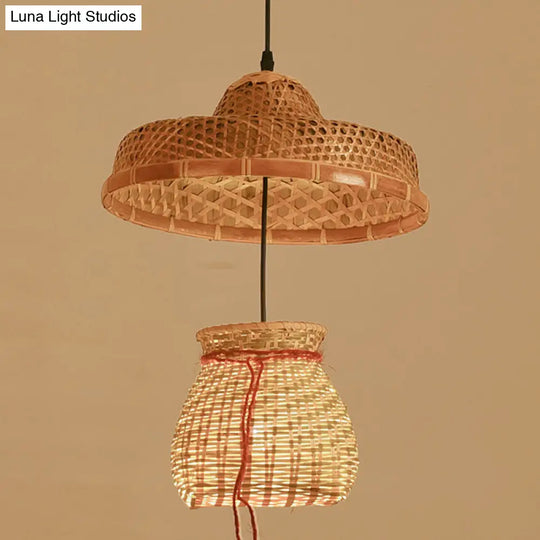 Simplicity Bamboo Pendant Light With Wood Straw Hat Suspension - 1-Light Lighting Fixture