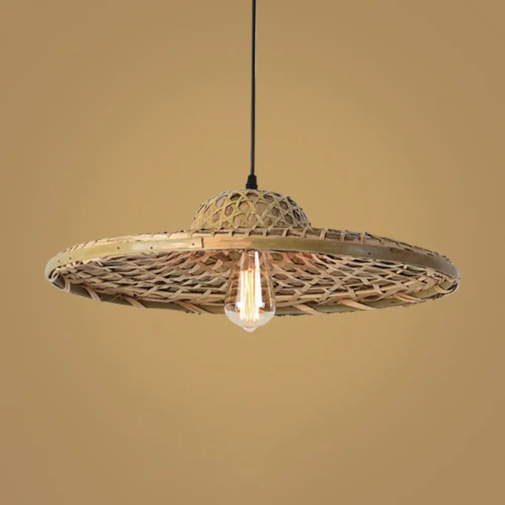 Simplicity Bamboo Pendant Light With Wood Straw Hat Suspension - 1-Light Lighting Fixture / A