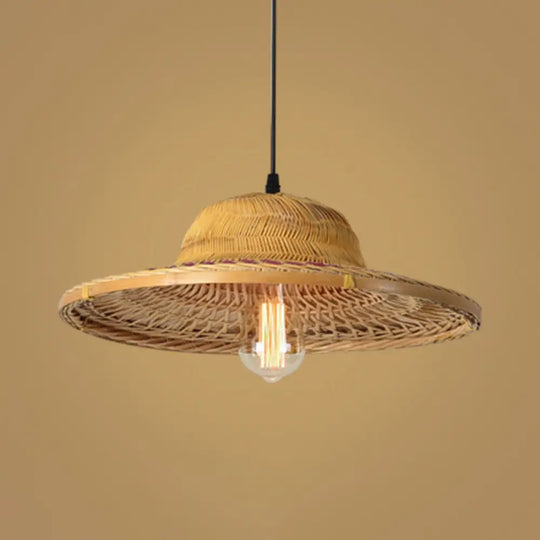 Simplicity Bamboo Pendant Light With Wood Straw Hat Suspension - 1-Light Lighting Fixture / B