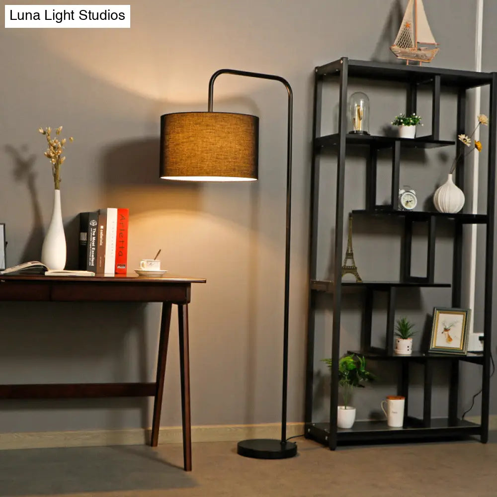 Simplicity Black Drum Shade Floor Lamp With Right Angle Arm Ideal Reading Light