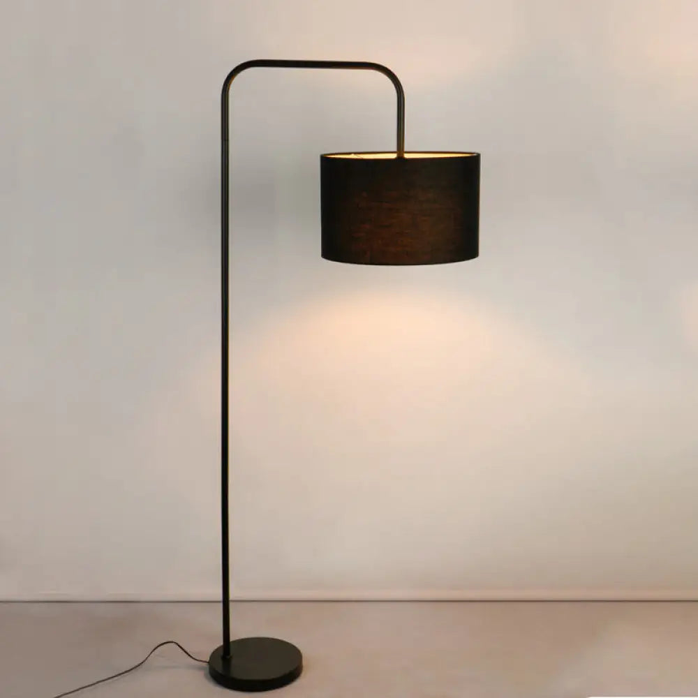 Simplicity Black Drum Shade Floor Lamp With Right Angle Arm Ideal Reading Light