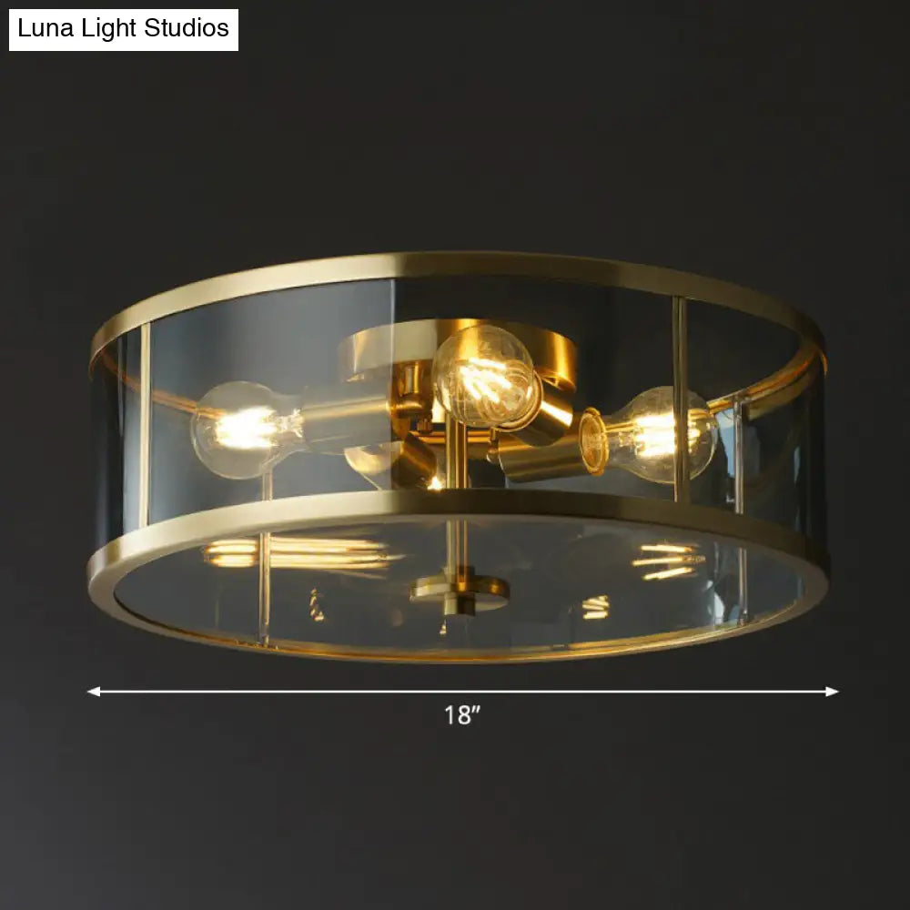 Simplicity Brass Clear Glass 4 - Bulb Drum Flush Ceiling Light For Bedroom