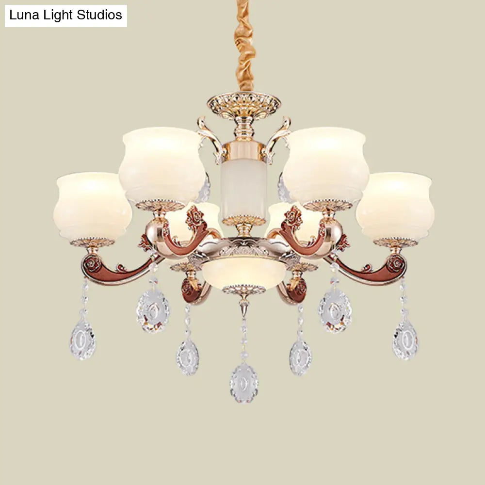 Modern Simplicity Bud Pendant Lighting Chandelier With 6 Bulbs And Milk Glass Crystal In Champagne