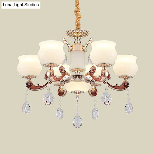 Modern Simplicity Bud Pendant Lighting Chandelier With 6 Bulbs And Milk Glass Crystal In Champagne