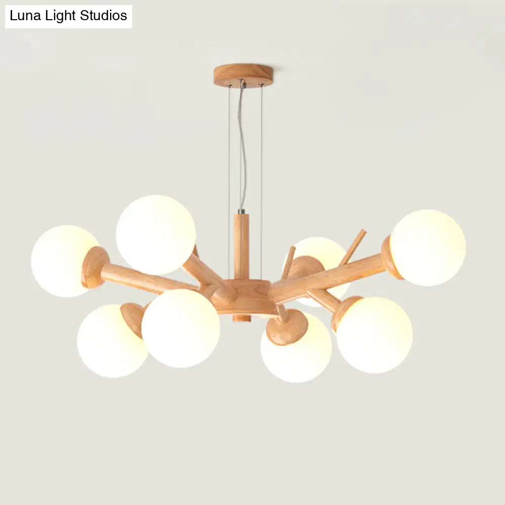 Simplicity Chandelier Light Fixture With Frosted Glass Shade - Wood Branch Ceiling Lighting