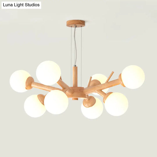 Simplicity Chandelier Light Fixture With Frosted Glass Shade - Wood Branch Ceiling Lighting
