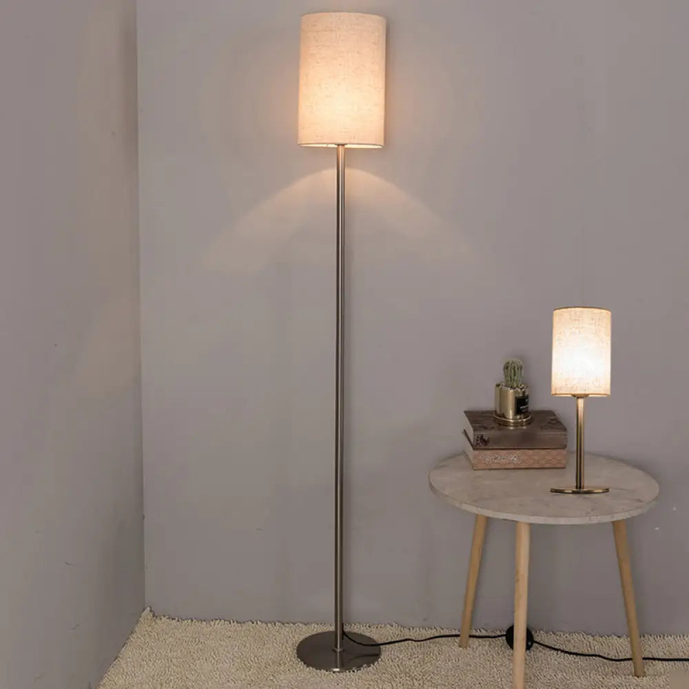 Simplicity Chrome Cylinder Floor Lamp - Single-Bulb Fabric Standing Light For Bedroom