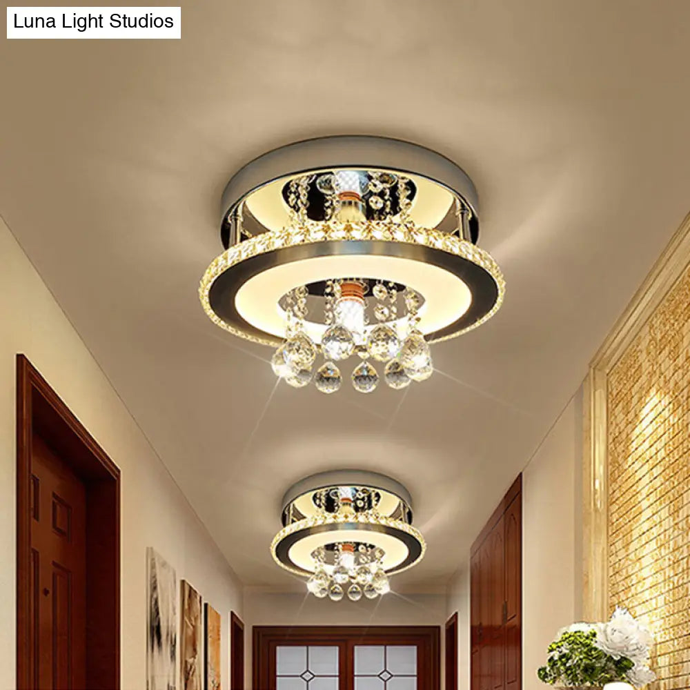 Simplicity Circle Flush Crystal Led Ceiling Fixture In Chrome - 8’/12’ Size Options Warm/White Light