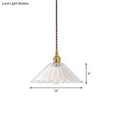 Simplicity Clear Ribbed Glass Cone Pendant Light Fixture For Restaurants - 1 Bulb Hanging