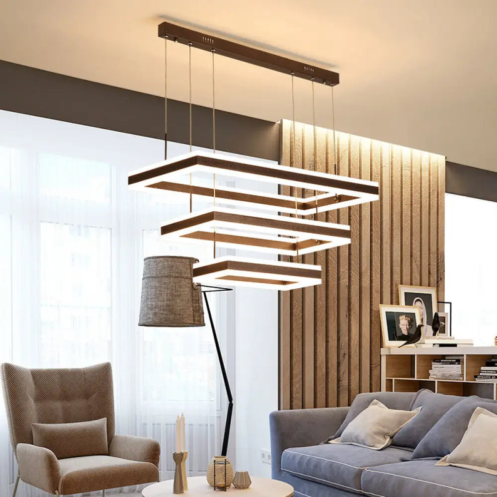 Simplicity Coffee Led Chandelier: Rectangular Acrylic Ceiling Lamp For Bedroom / 3 Tiers Warm