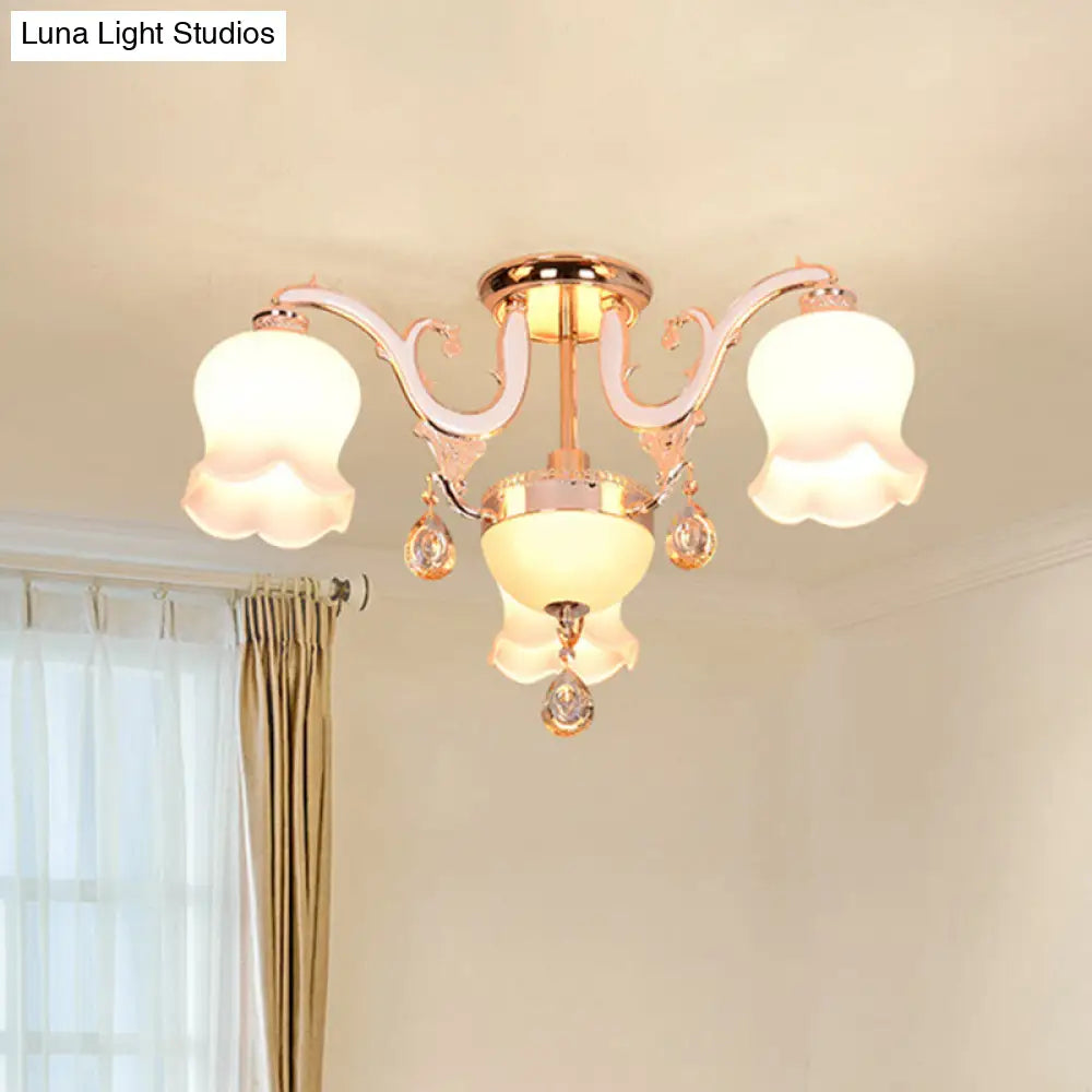 Simplicity Cream Glass Dining Room Ceiling Light With Gold Crystal Semi Flush - 4 Heads