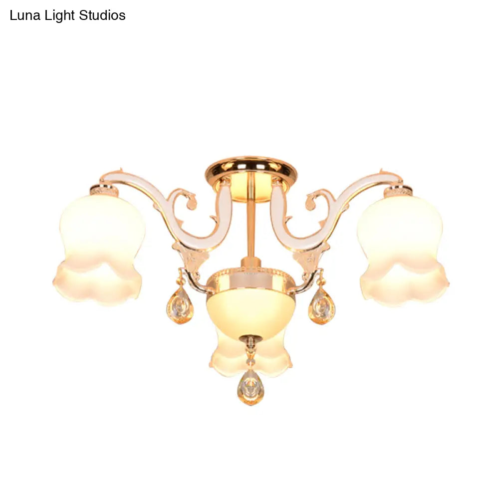 Simplicity Cream Glass Dining Room Ceiling Light With Gold Crystal Semi Flush - 4 Heads