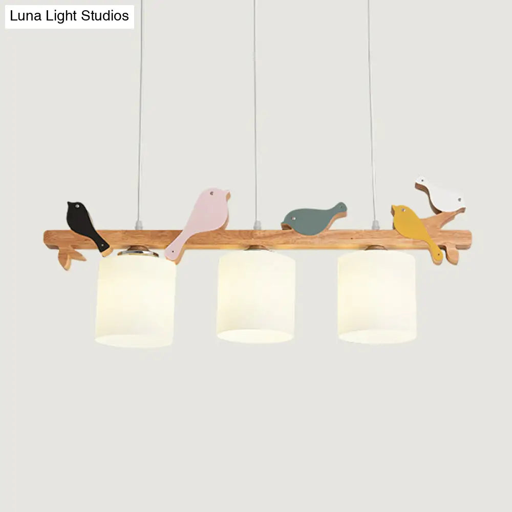 Simplicity Cream Glass Led Hanging Lamp With Wooden Bird - Dining Room Island Chandelier Light