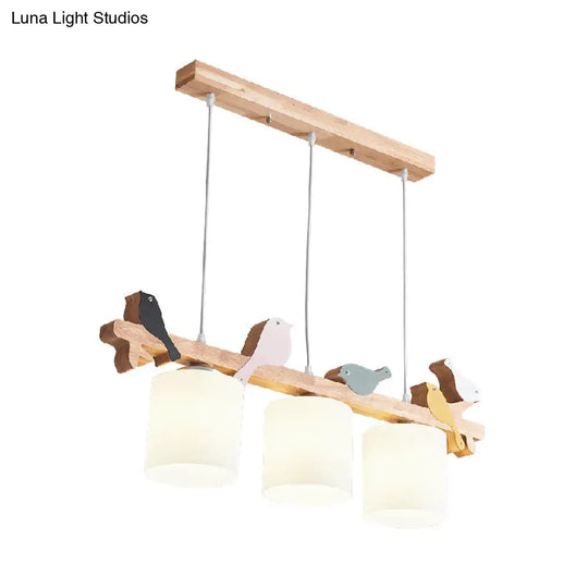 Simplicity Cream Glass Led Hanging Lamp With Wooden Bird - Dining Room Island Chandelier Light