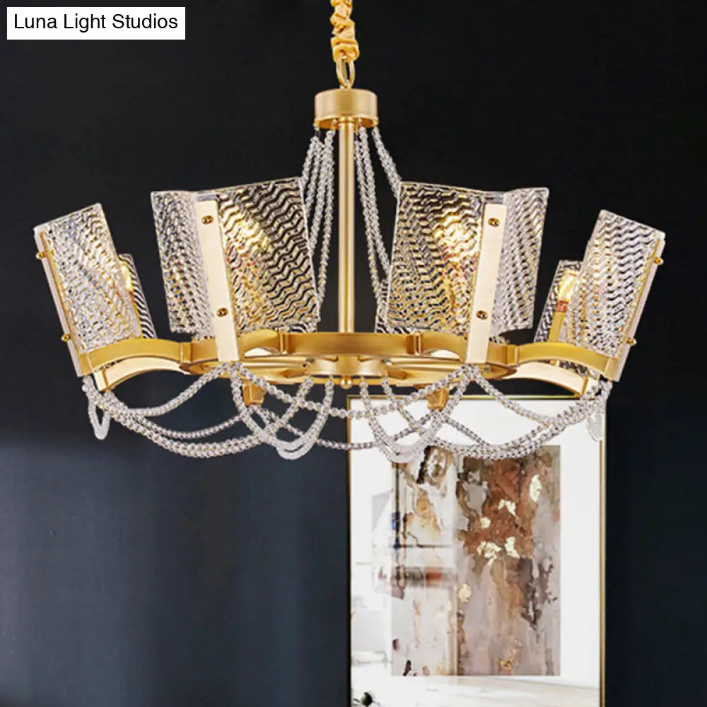 Sleek Beaded Pendant Crystal Chandelier 6/8 Heads Brass Finish Stylish Living Room Hanging Lamp