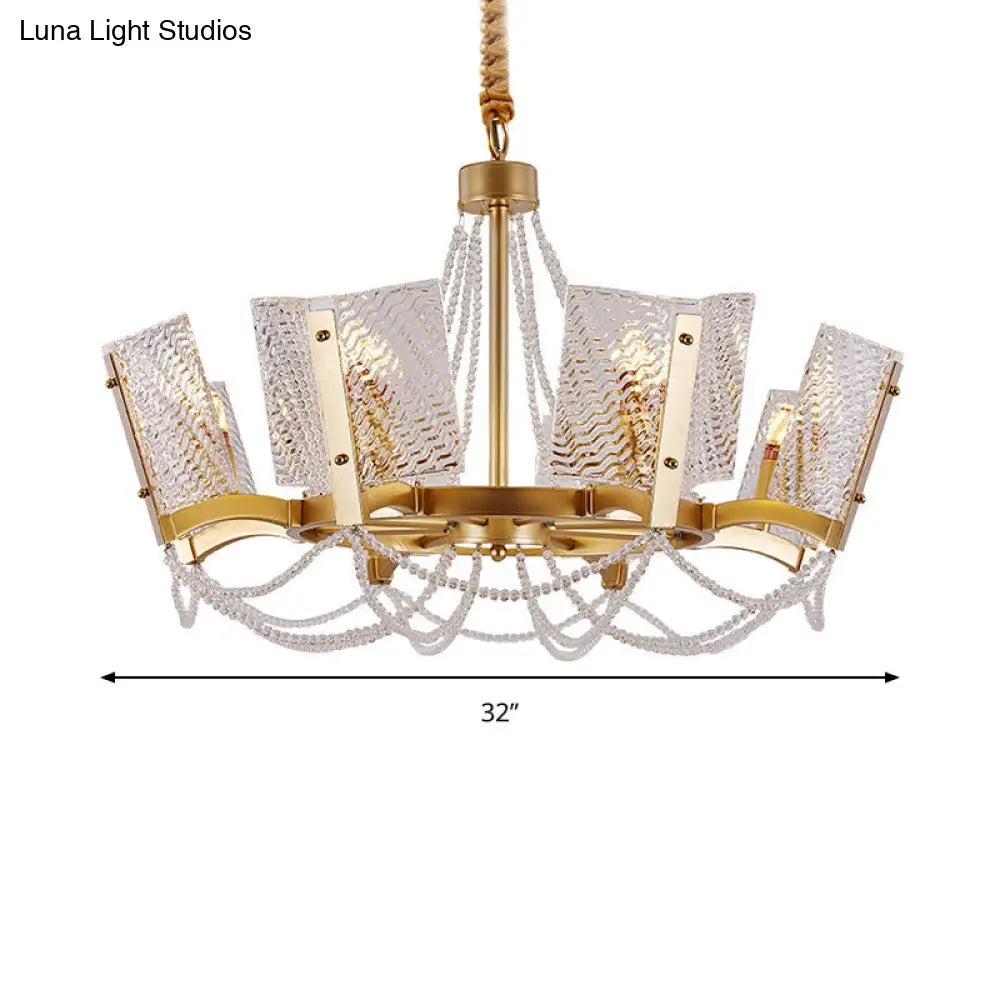 Sleek Beaded Pendant Crystal Chandelier 6/8 Heads Brass Finish Stylish Living Room Hanging Lamp