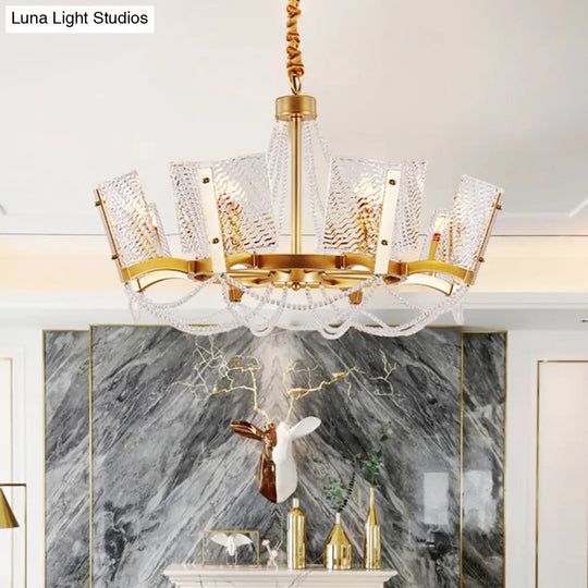 Sleek Beaded Pendant Crystal Chandelier 6/8 Heads Brass Finish Stylish Living Room Hanging Lamp