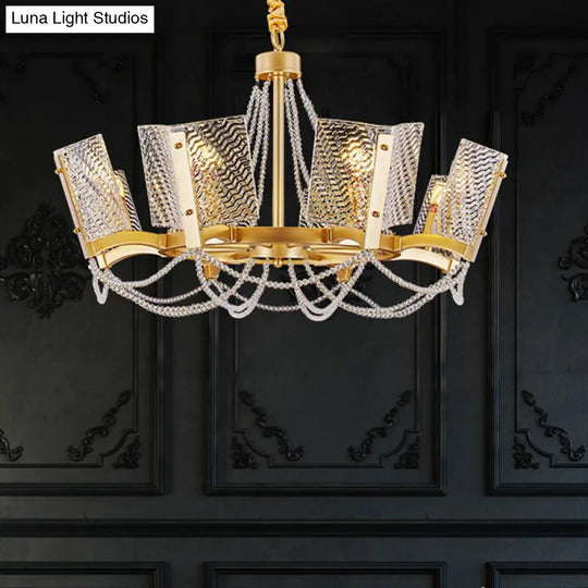 Sleek Beaded Pendant Crystal Chandelier 6/8 Heads Brass Finish Stylish Living Room Hanging Lamp