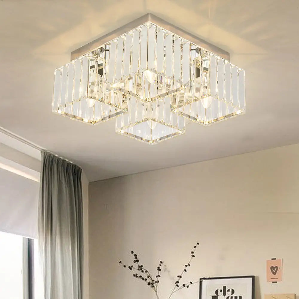 Simplicity Crystal Flush Light Fixture With Chrome Ceiling Mount - 4/6 Heads For Living Room 4 /