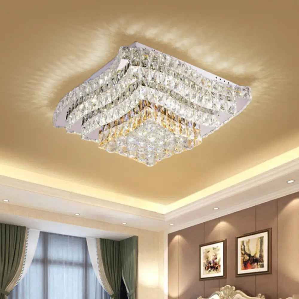 Simplicity Crystal Flush Mount Ceiling Lamp In Chrome - Tiered Square Design