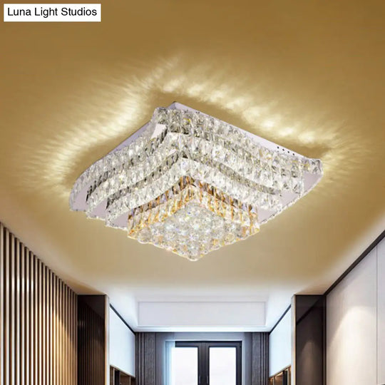 Simplicity Crystal Flush Mount Ceiling Lamp In Chrome - Tiered Square Design