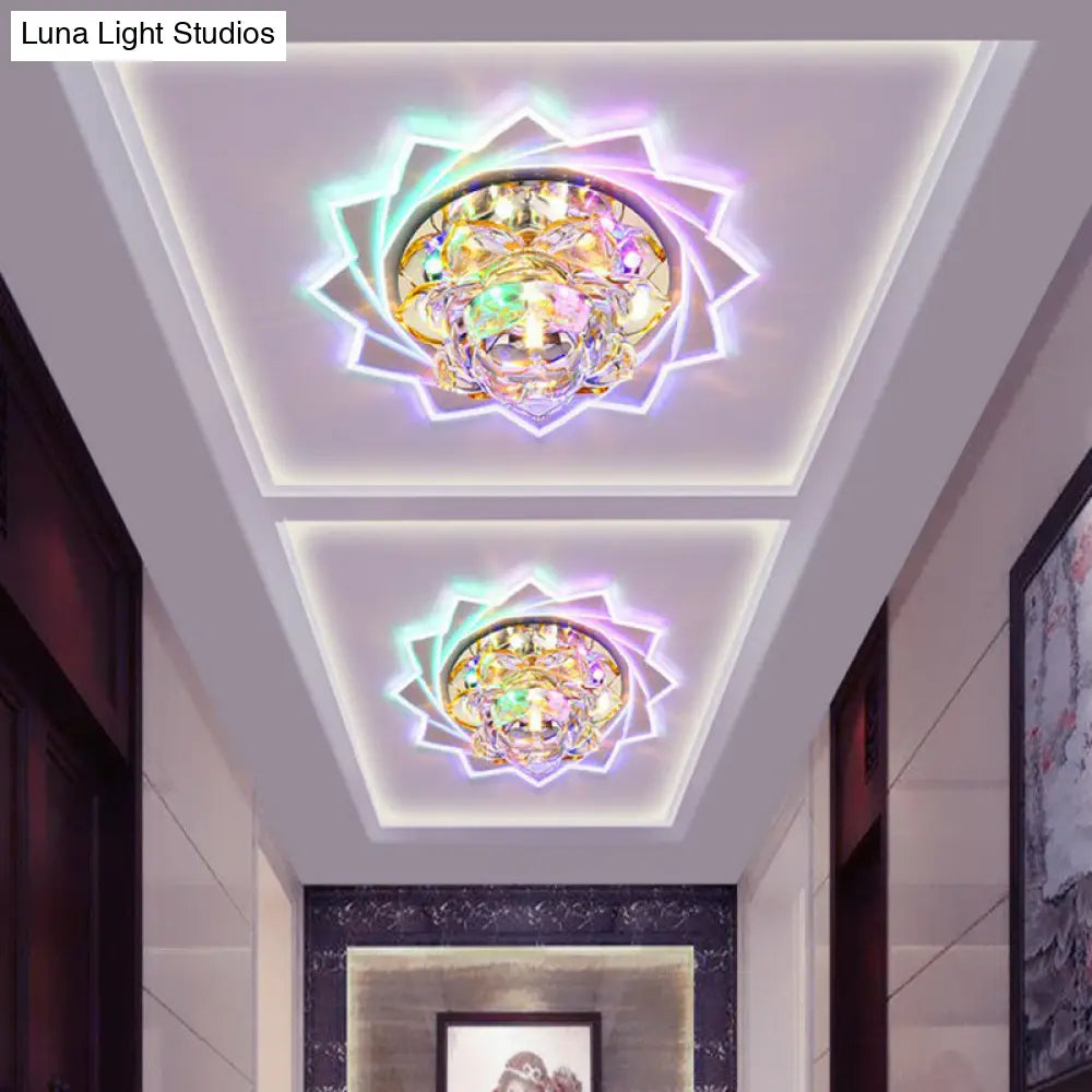 Simplicity Crystal Lotus Led Flush Mount Ceiling Light In Clear Ideal For Corridors