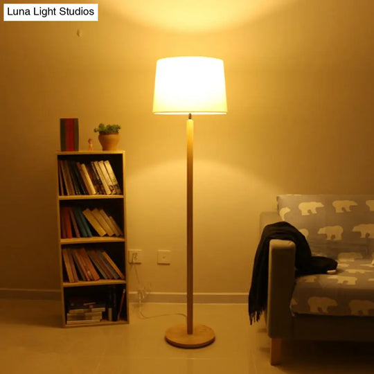 Simplicity Drum Floor Lamp 1-Light Study Room In Wood Fabric