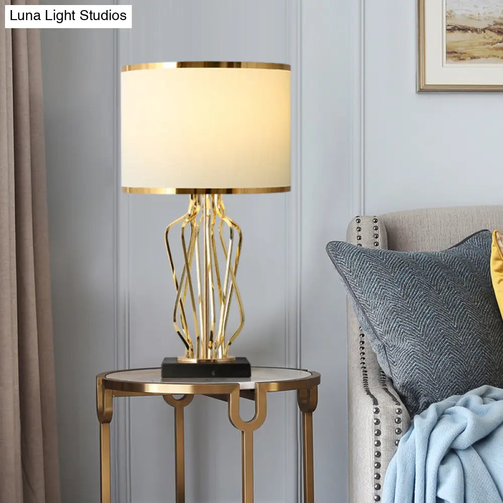 Simplicity Drum Nightstand Lamp: Fabric Table Lighting With Marble Base