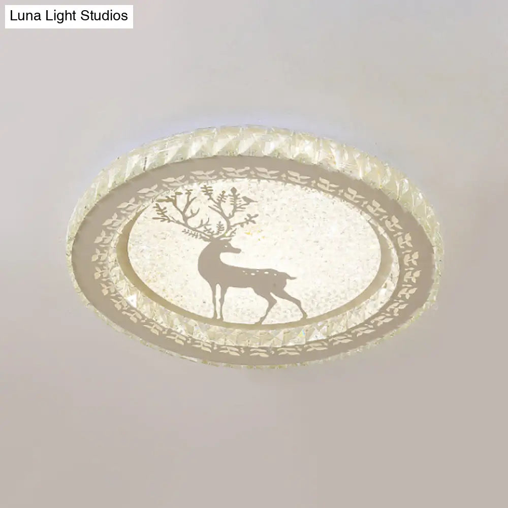 Simplicity Etched Deer/Flower Led Flushmount Light: Rectangular - Cut Crystal Ceiling Mount In