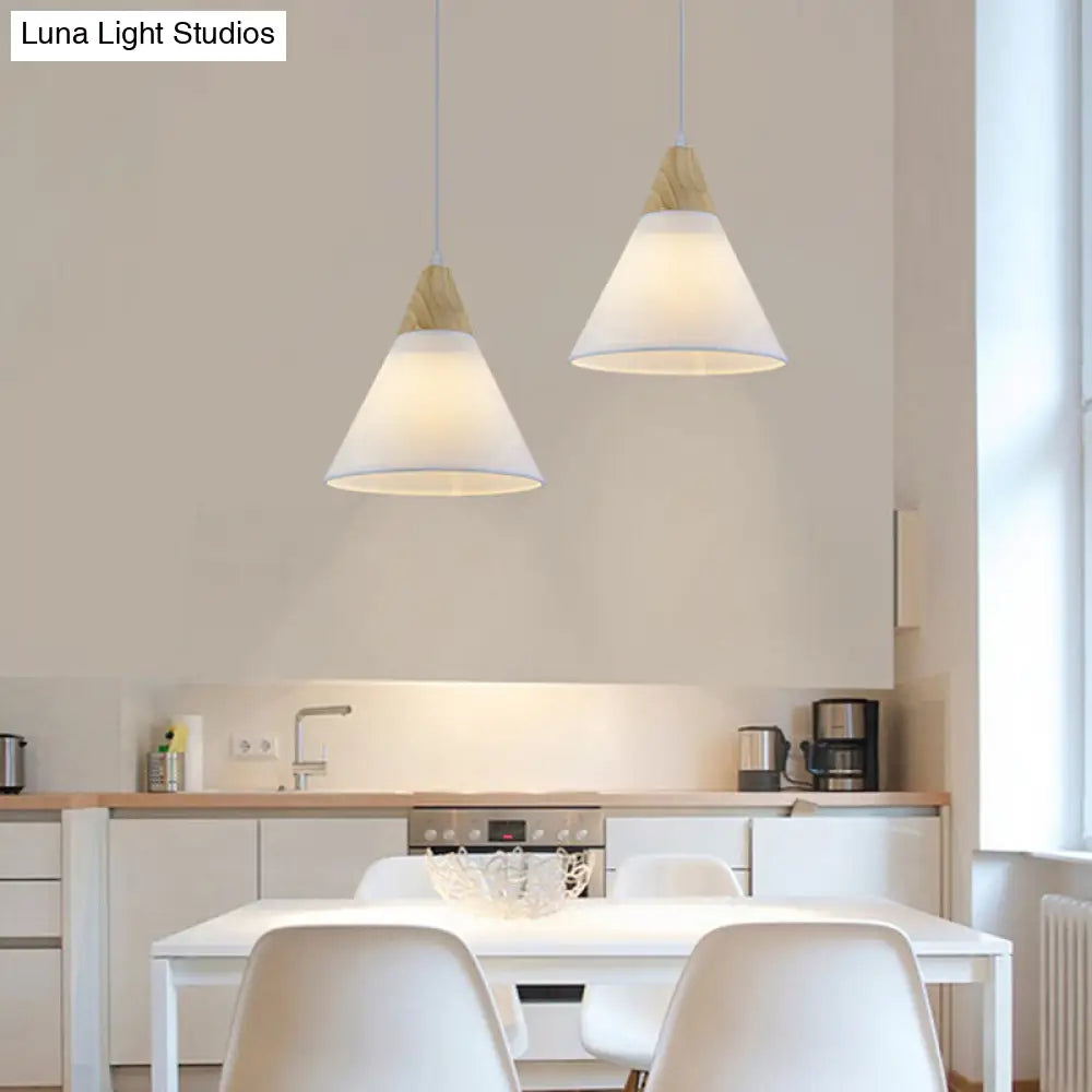 Simplicity Fabric Pendant Light With Wooden Top For Dining Room - Tapered Suspension 1-Light White