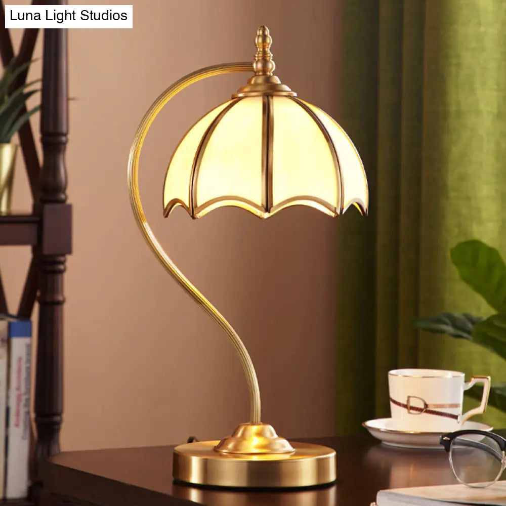 Simplicity Frosted Glass Umbrella Table Lamp With Brass Gooseneck Arm- 1 Head Night Lighting