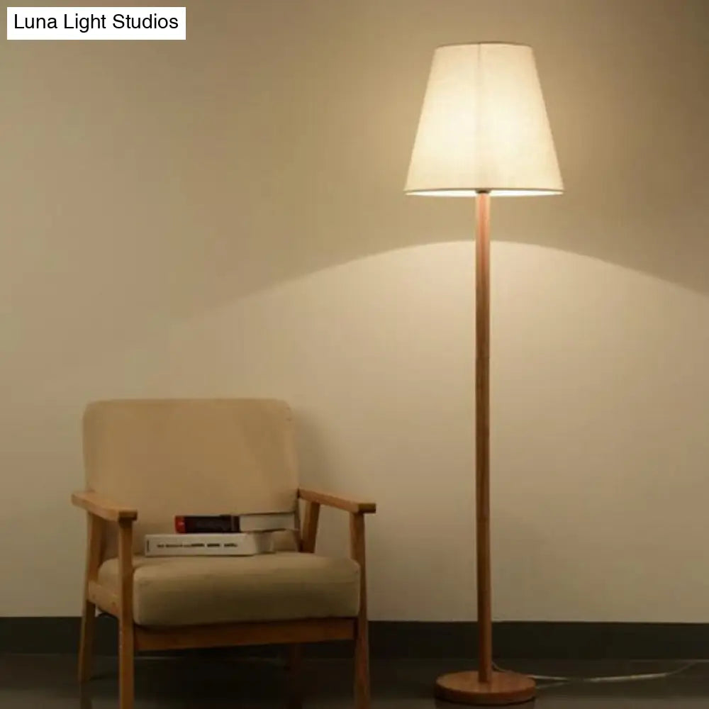 Simplicity Geometric Floor Lamp - 1-Light Study Room Standing Lighting In Wood With Fabric Shade