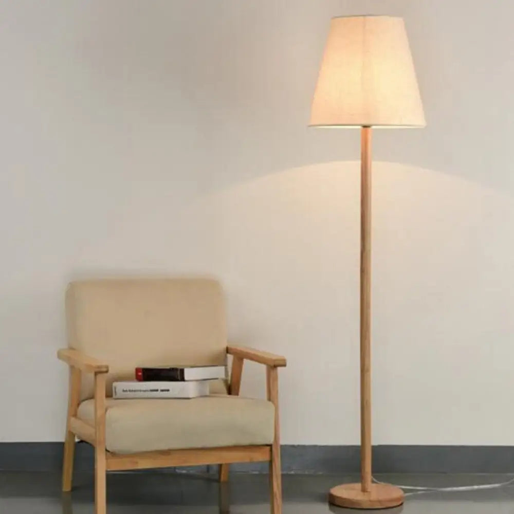 Simplicity Geometric Floor Lamp - 1-Light Study Room Standing Lighting In Wood With Fabric Shade /