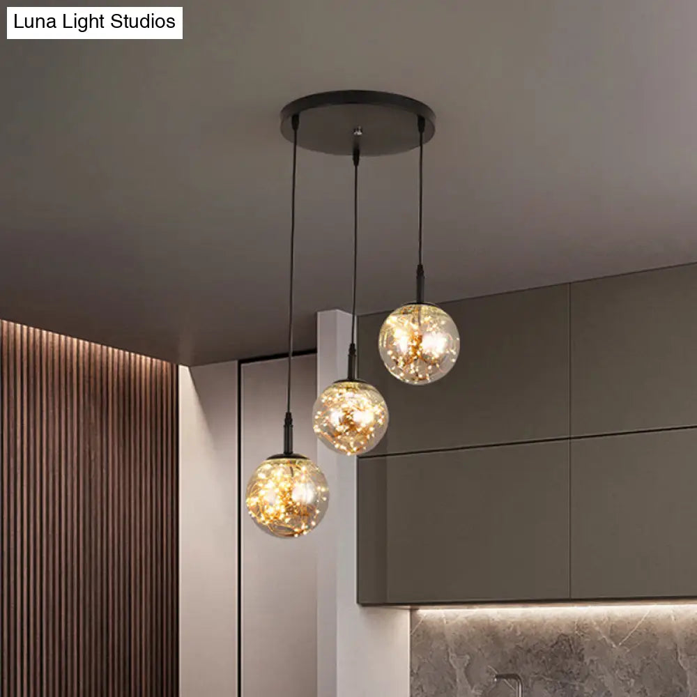 Simplistic Glass Starry Pendant Light For Bedroom - Spherical Cluster Hanging Lamp Kit Smoke Gray