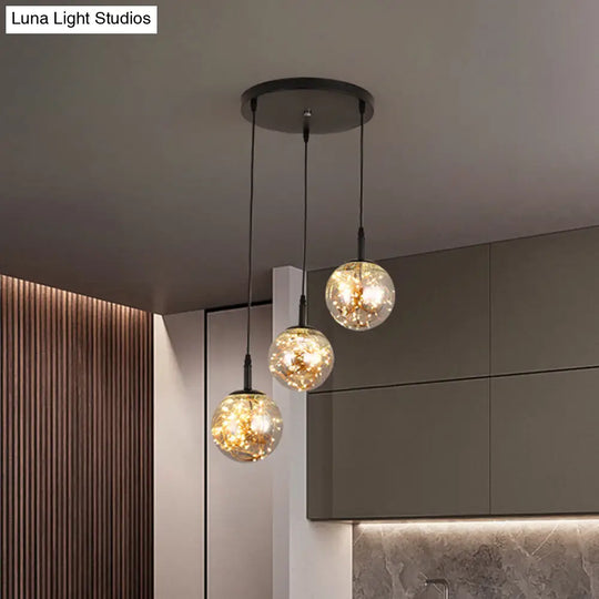 Simplistic Glass Starry Pendant Light For Bedroom - Spherical Cluster Hanging Lamp Kit Smoke Gray