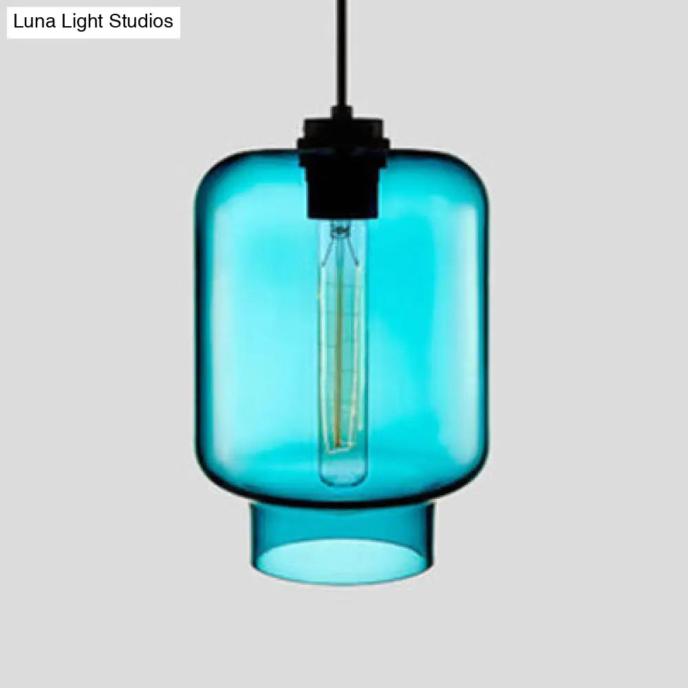 Simplicity Glass Cylindrical Hanging Lamp - 1-Light Pink/Yellow/Blue Ceiling Light Blue / D