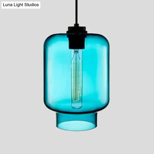 Simplicity Glass Cylindrical Hanging Lamp - 1-Light Pink/Yellow/Blue Ceiling Light Blue / D