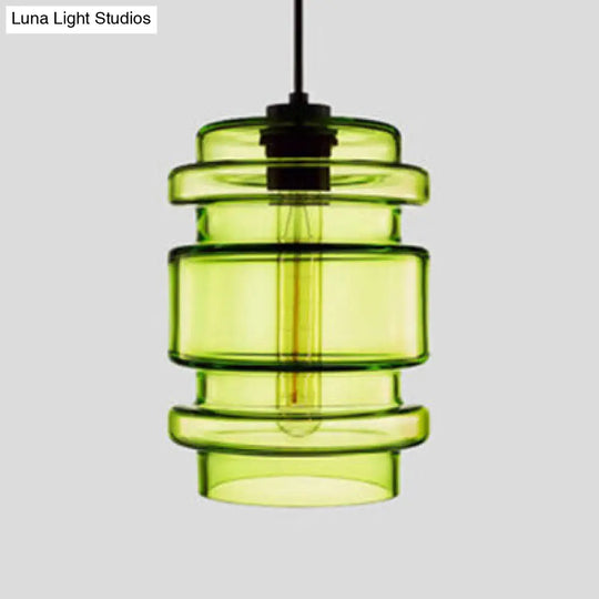 Simplicity Glass Cylindrical Hanging Lamp - 1-Light Pink/Yellow/Blue Ceiling Light Green / B