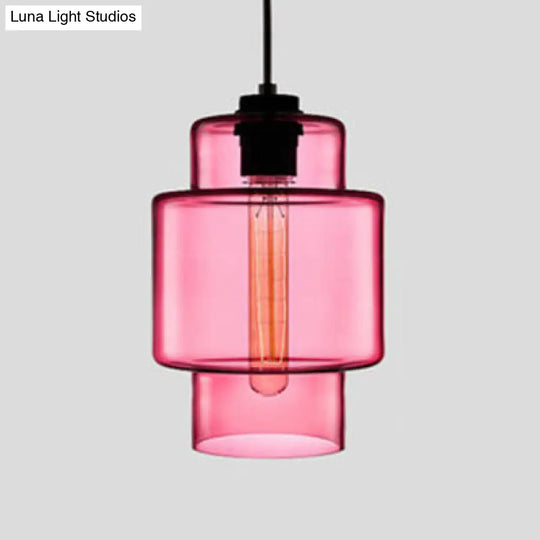 Simplicity Glass Cylindrical Hanging Lamp - 1-Light Pink/Yellow/Blue Ceiling Light Pink / A