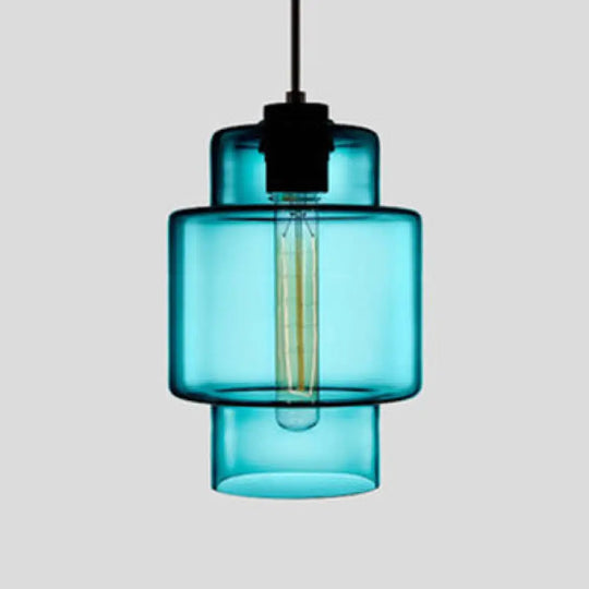 Simplicity Glass Hanging Lamp - Cylindrical 1-Light Pink/Yellow/Blue Ceiling Fixture Blue / A