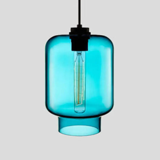 Simplicity Glass Hanging Lamp - Cylindrical 1-Light Pink/Yellow/Blue Ceiling Fixture Blue / D