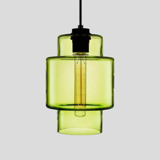 Simplicity Glass Hanging Lamp - Cylindrical 1-Light Pink/Yellow/Blue Ceiling Fixture Green / A