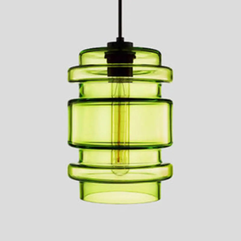 Simplicity Glass Hanging Lamp - Cylindrical 1-Light Pink/Yellow/Blue Ceiling Fixture Green / B