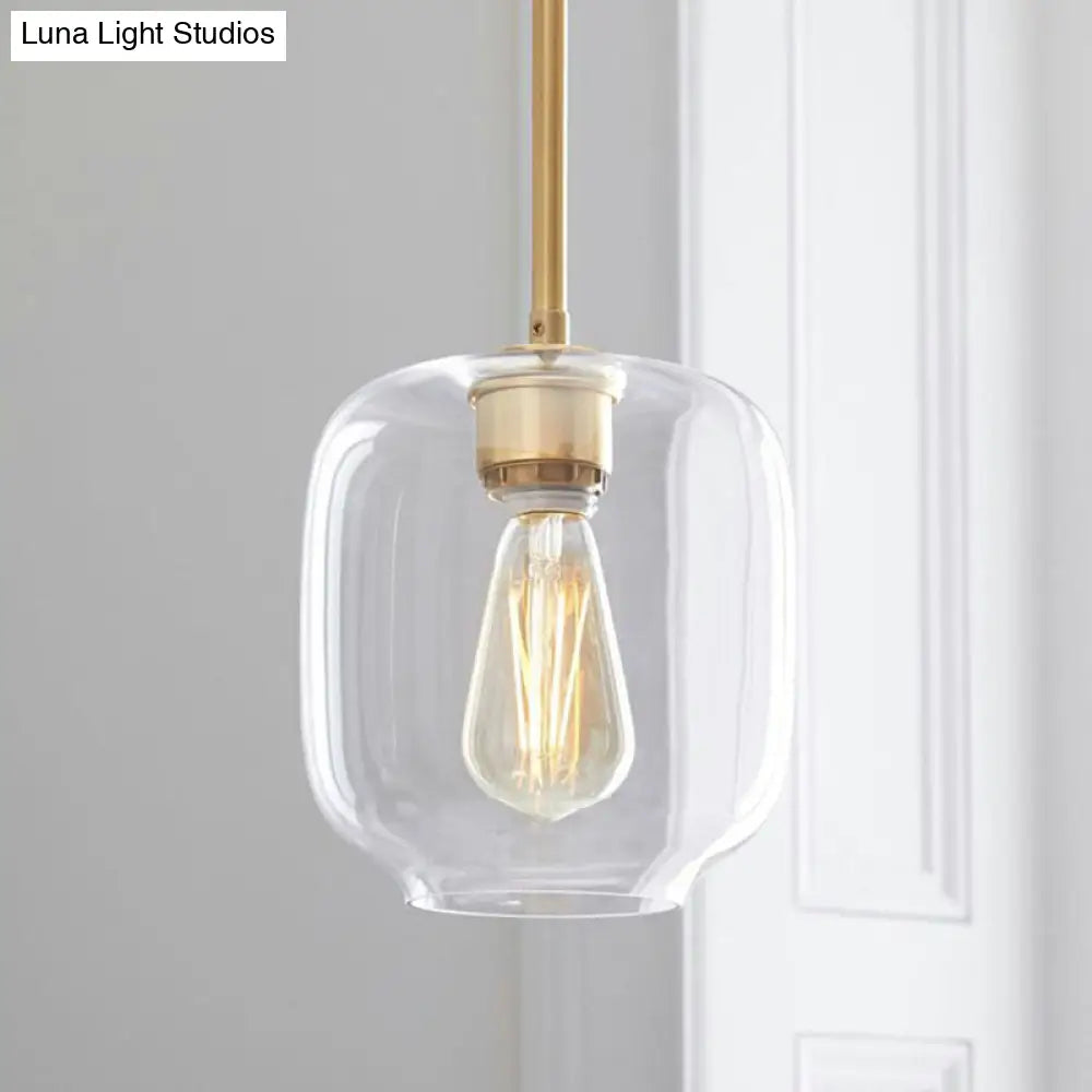 Simplicity Glass Pendant Light With Gold Finish - Clear Mug Shape Single Bulb Suspension