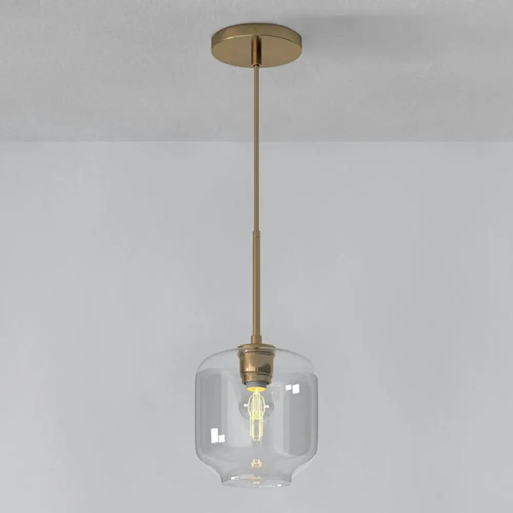 Simplicity Glass Pendant Light With Gold Finish - Clear Mug Shape Single Bulb Suspension / B