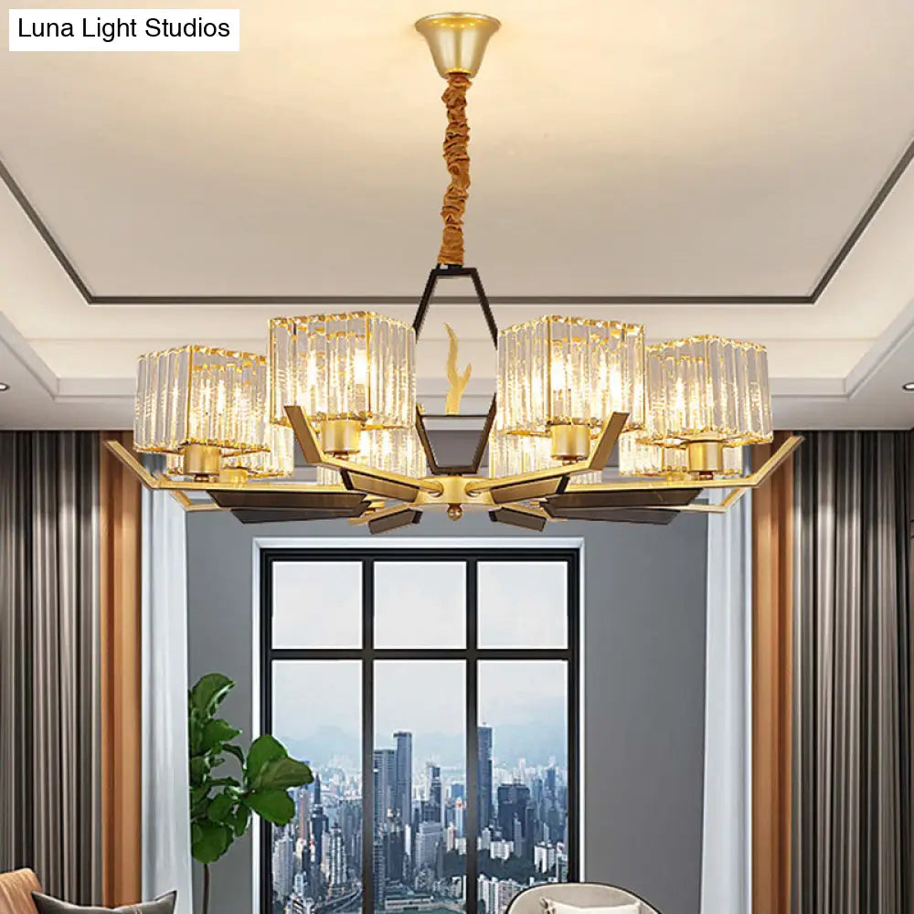 Gold Chandelier Ceiling Light With Crystal Prisms - Available In 3 6 Or 8 Heads /