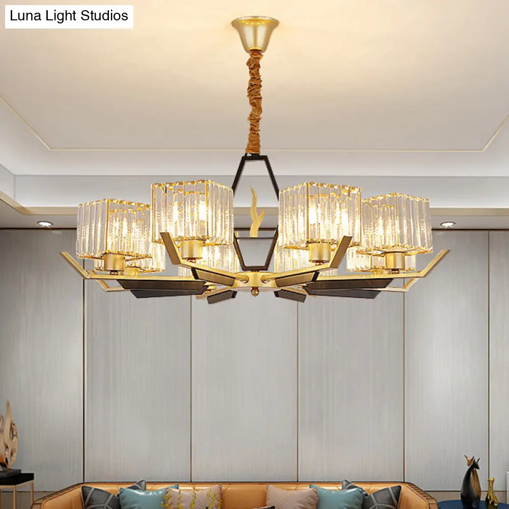 Simplicity Gold Chandelier Ceiling Light With Crystal Prisms Shade - 3/6/8 Heads