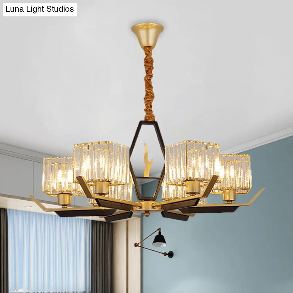 Simplicity Gold Chandelier Ceiling Light With Crystal Prisms Shade - 3/6/8 Heads