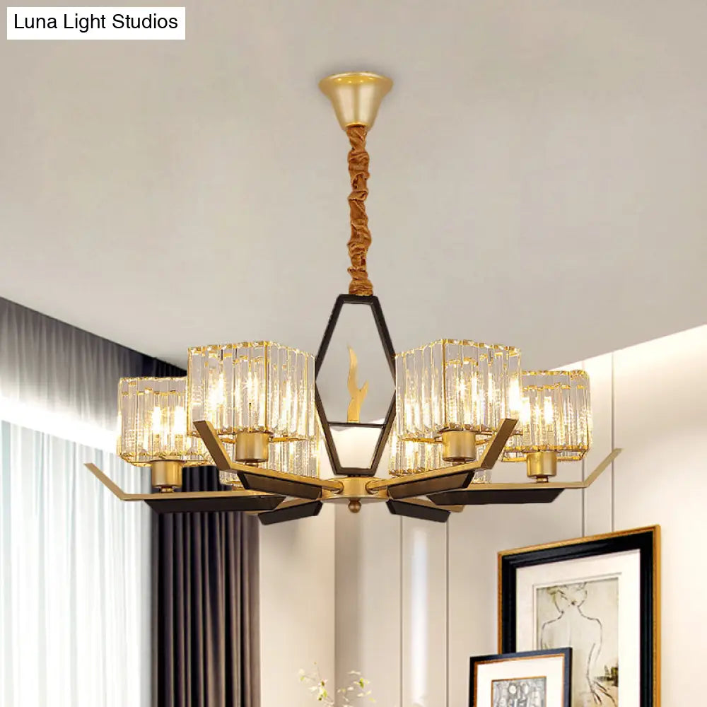 Simplicity Gold Chandelier Ceiling Light With Crystal Prisms Shade - 3/6/8 Heads